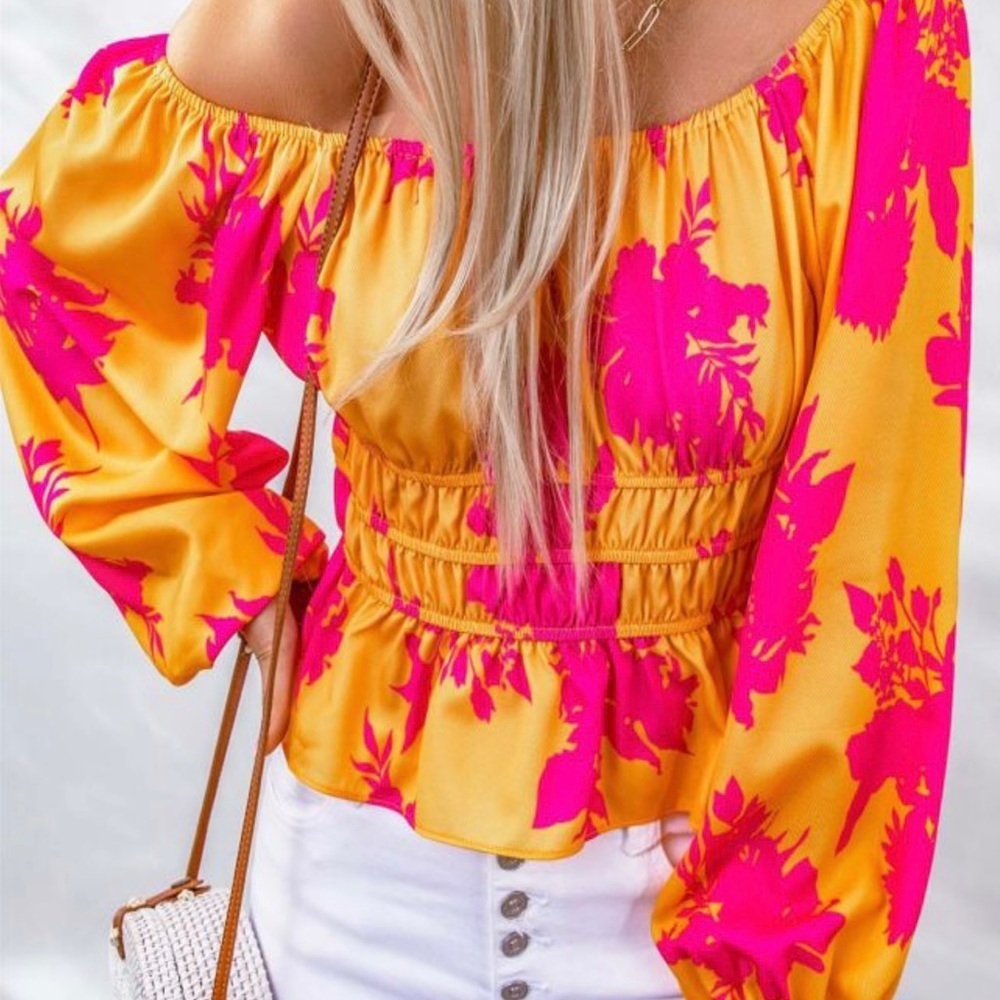 FLORAL ON OFF SHOULDER PUFF SLEEVE TOP Hot Pink Yellow Cropped Size Small